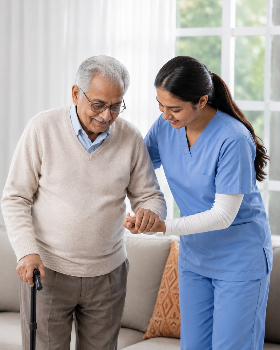 A nurse helping an elderly patient walk at home